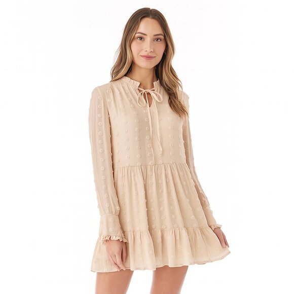 Listicle Beige Mini Dress Long Sleeve Textured Dot Ruffle Hem Tie Neck M - Picture 1 of 14